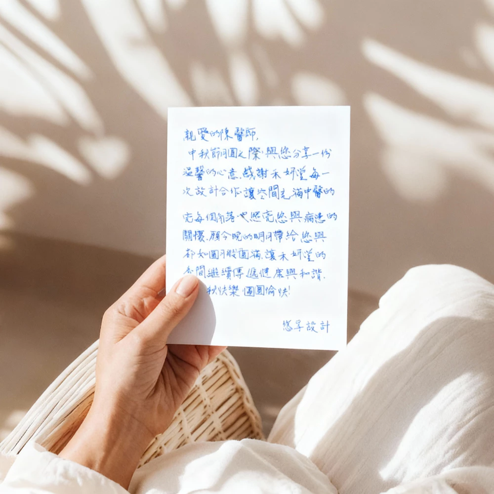 OLLY 手寫卡片樣品，展示個人化訊息和信封